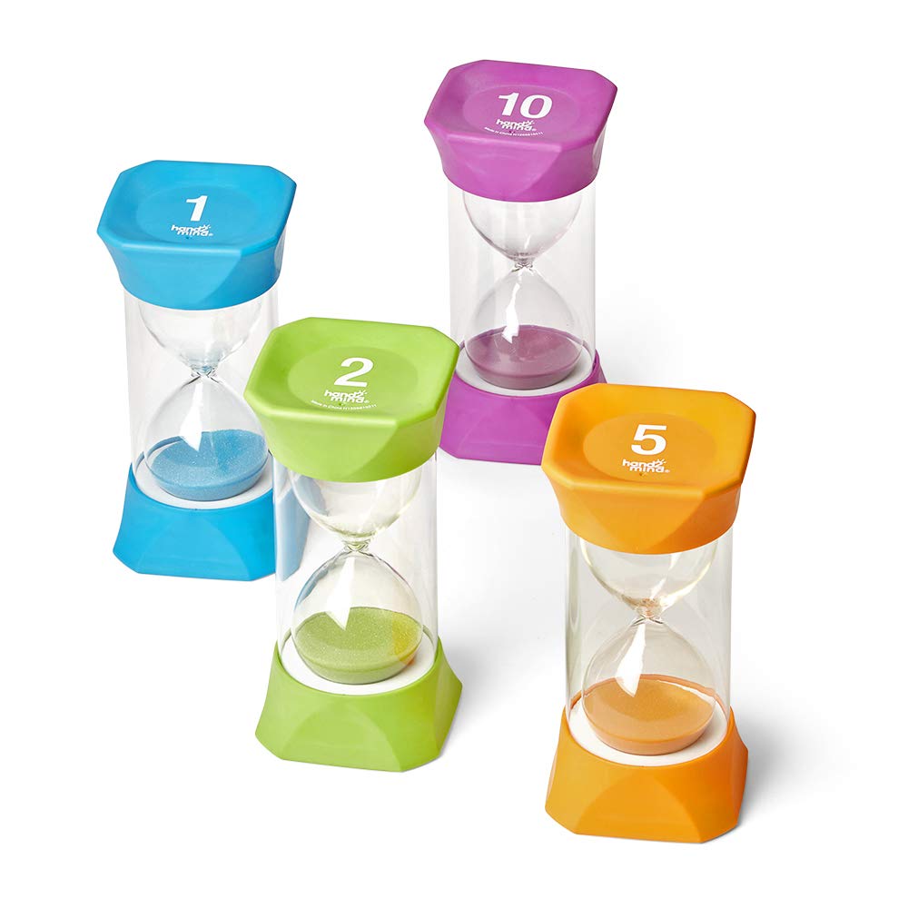 hand2mind Jumbo 1, 2, 5, and 10 Minute Sand Timer Set with Soft Rubber End Caps, Hourglass Timer, Visual Timer for Toddlers, Cal