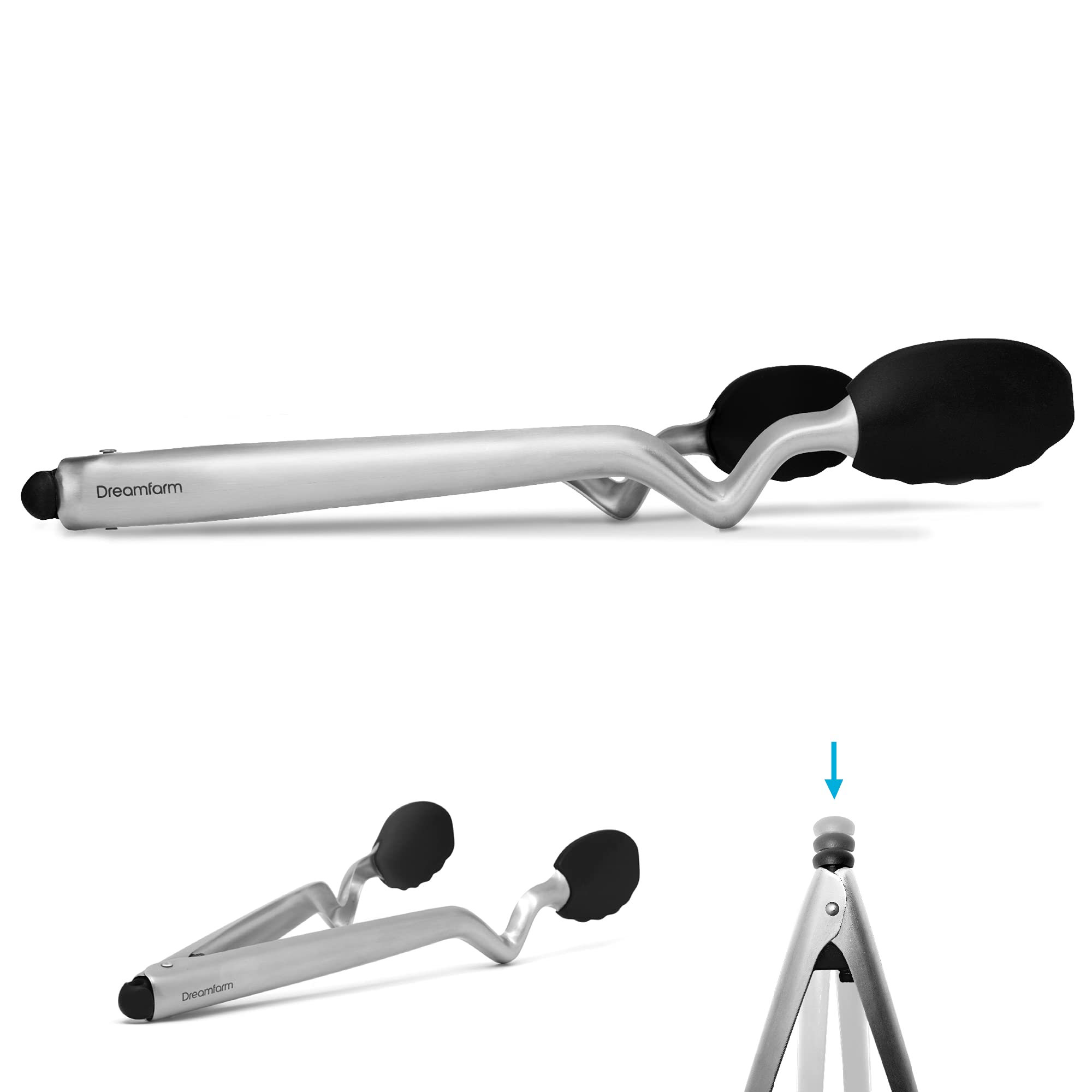 Dreamfarm Clongs | Non-Scratch, Stainless-Steel Tongs With Silicone Heads | Black, 12 Inches