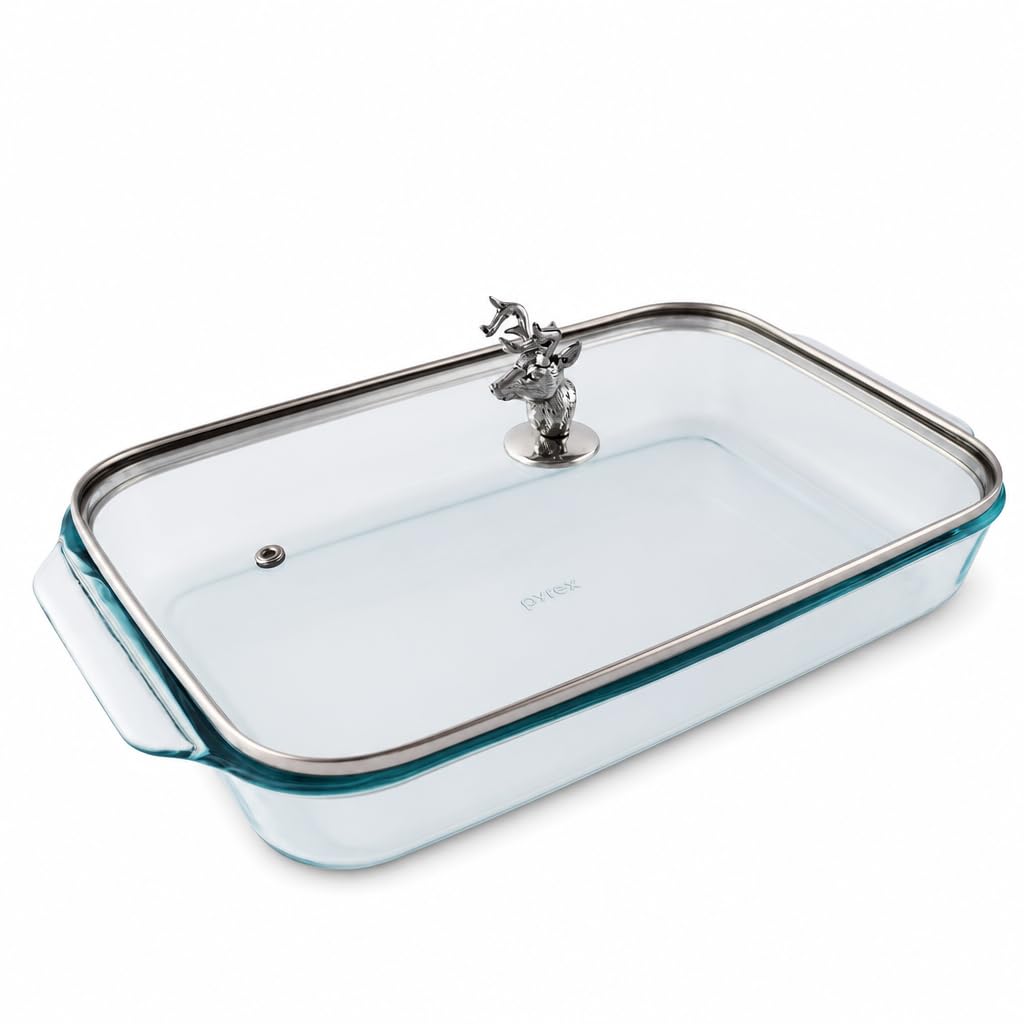 Arthur Court Glass Casserole Dish with Deer Head Lid  Rustic 3 Quart Baking Dish for Serving and Storage  9.25 x 13.5 Inches