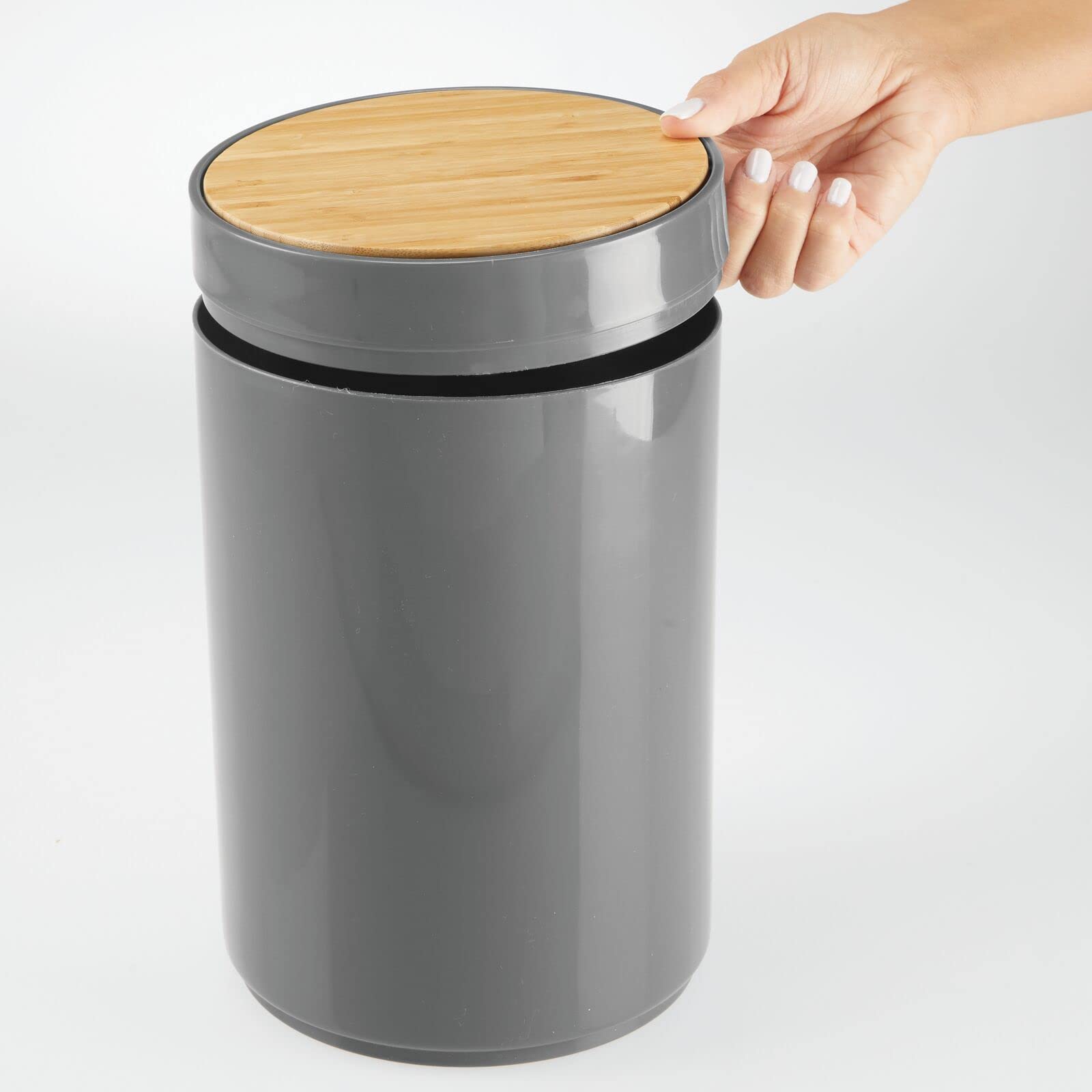 mDesign Plastic Round Trash Can Small Wastebasket - Garbage Bin Container with Swing-Close Lid - Bathroom Garbage Basket - Holds Waste  Recycling - 1.3 Gallon - Basa Collection - Charcoal Gray/Natural