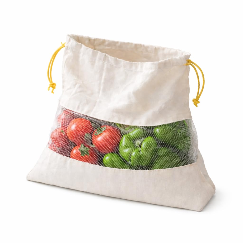 Skodinax Reusable Cotton Produce Bags With Drawstring And Mesh Window, For Fruits & Vegetables, 10X13 Inch, Pack Of 3
