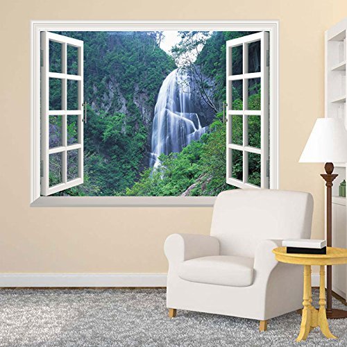 wall26 Grand Waterfall Green Mountain Open Window Wall Mural Wall Sticker - 36''x48''