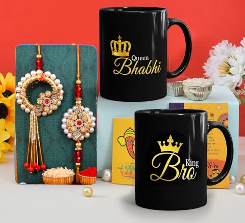 CraftVatika Rakhi for Brother and Bhabhi with Mug Gift Combo, Kundan Rakhi with Mug for Bhaiya Bhabhi Rakhi Set of 2, King Bhaiy