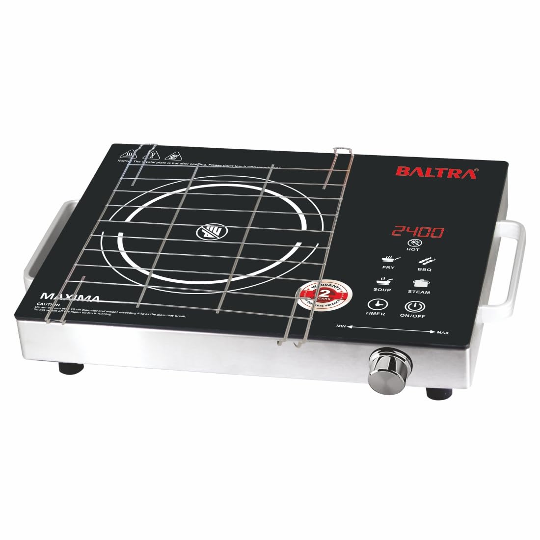 Baltra Classic 2400W Infrared Cooktop Stove With Steel Grill Rack Touch Control, Polished Crystal Glass Plate, Digital Display 3