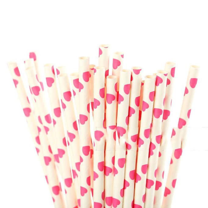 Biodegradable Red Hearts Paper Straws - Love Valentines Day Cake Pop Sticks For Weddings, Birthdays, Anniversaries, Holiday Cele