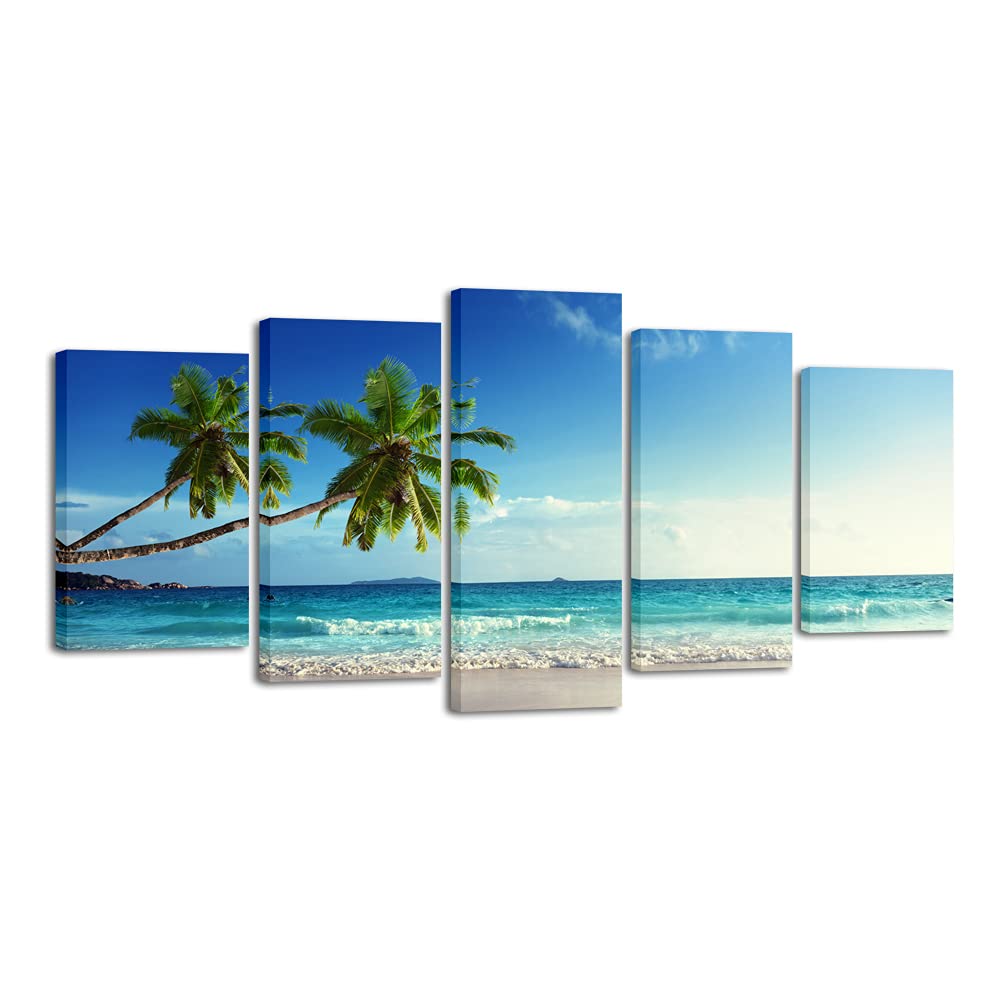 Wieco Art 5 Panels Ocean Sea Beach Canvas Wall Art For Home Decor Blue Sea Artwork Picture Print On Canvas Seascape Wall Decor F