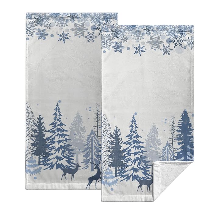 Kwlegh Winter Snowflake Christmas Tree Hand Bath Towels Deer Forest Xmas Deer Soft Washcloth Farmhouse Rustic Kitchen Guest Blue