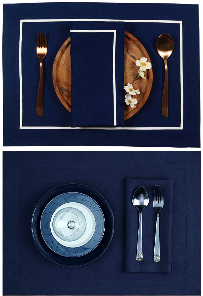 D'Moksha Homes Navy Blue Linen Placemats With White Trim, Set Of 4-14 X 19 Inch, 100% Pure Linen Fabric Placemats Navy Blue & Wh