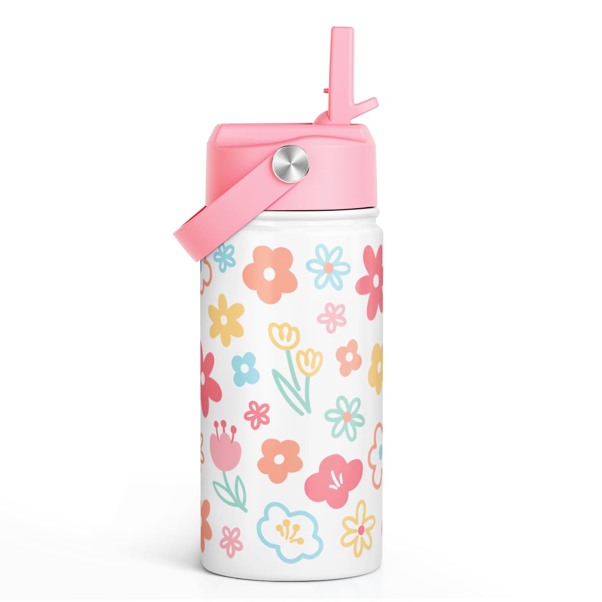 Kids Water Bottle Stainless Steel with Straw Lid, Floral Water Bottle 12oz, Travel Tumbler, Gifts for Girls, Birthday, Christmas