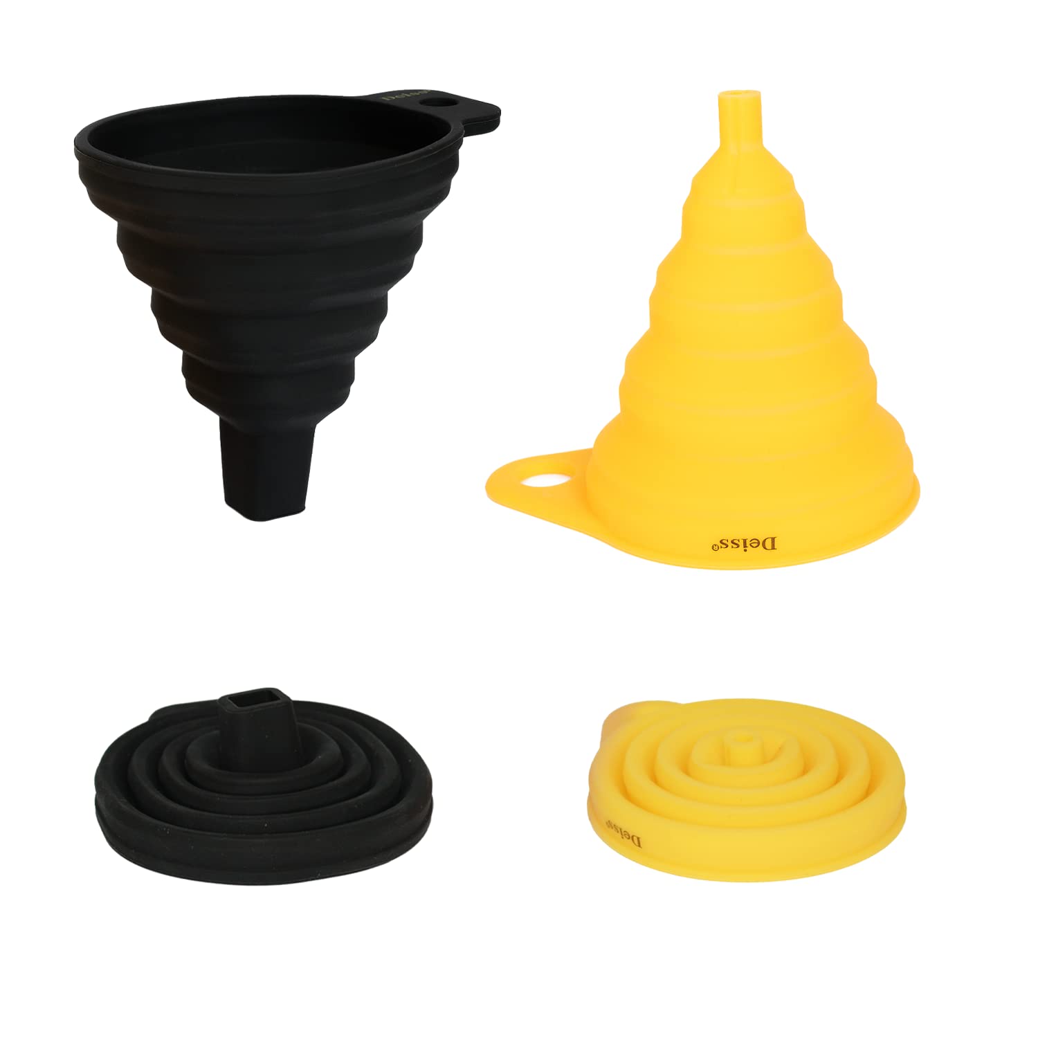 Deiss Pro Silicone Collapsible Funnel Set - Rounded & Squared Foldable Funnels - Food Grade, Dishwasher Safe - Set Of 2 (Yellow,