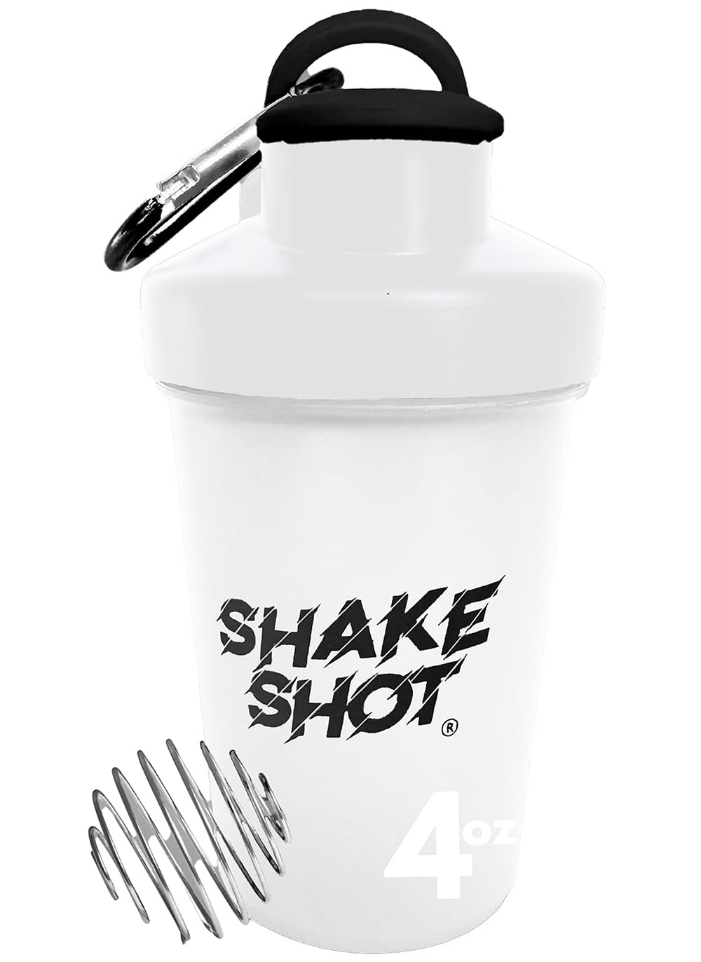 Shake Shot - White - 4oz Mini Shaker Bottle for Pre Workout, Creatine, Small Scoop Supplements (Not for Protein) Clip & Shaker B