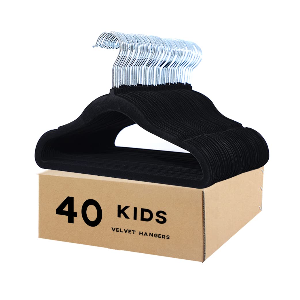 Veeyidd Kids Velvet Clothes Hangers, Non Slip Baby Hangers Black (11.6'' Inch - 40 Pack)