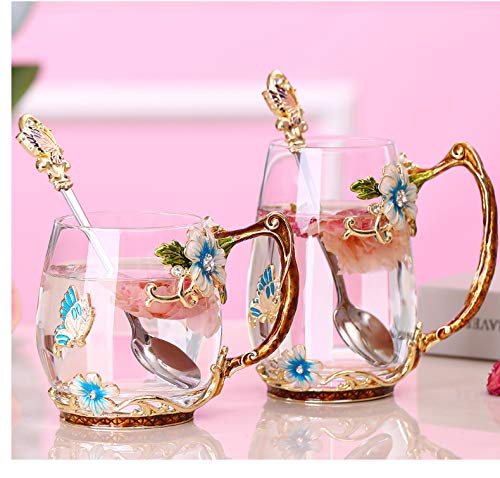 Luka Tech Enamel Butterfly flower Glass Mug with Spoon, Gifts For Women Wife Mom Friends Birthday Mothers Valentines Day Christm