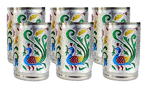 Rastogi Handicrafts Set of 6 Stain Less Steel Glass Indian Hand Made Meena Work Peacock Design Golden Silver Color Diwali Christ