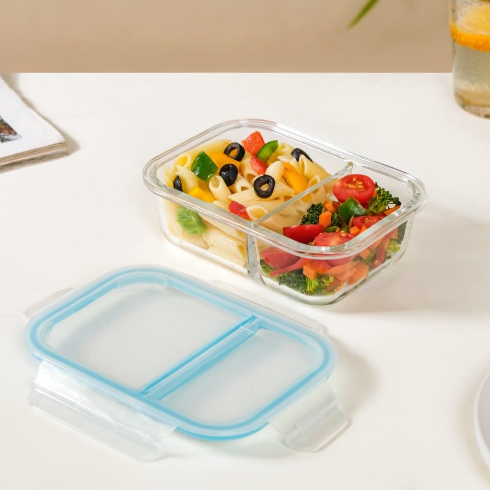 Nestasia Glass Lunch Box With 2 Compartments For Office For Men (600Ml) - Borosilicate Glass Lunch Box For Office Tiffin, Microw