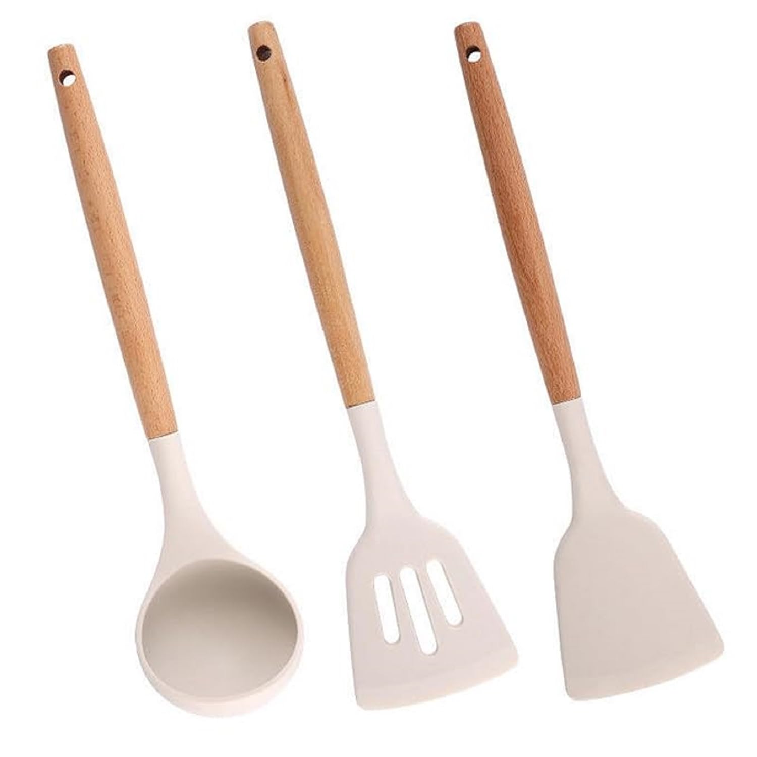 Silicone Cooking Utensils Set With Wooden Handles  Spatula Turner Slotted Turner And Ladle Pack Of 3