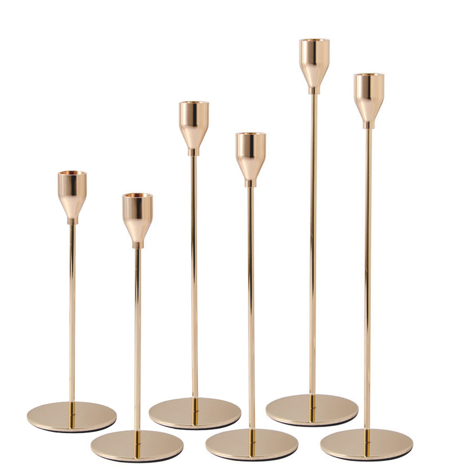 6Pcs French Honey Gold Candlestick Holders, Tall Taper Candelabra Stands fits 3/4 inch Thick Pillar Candle Stick, Elegant Decor 