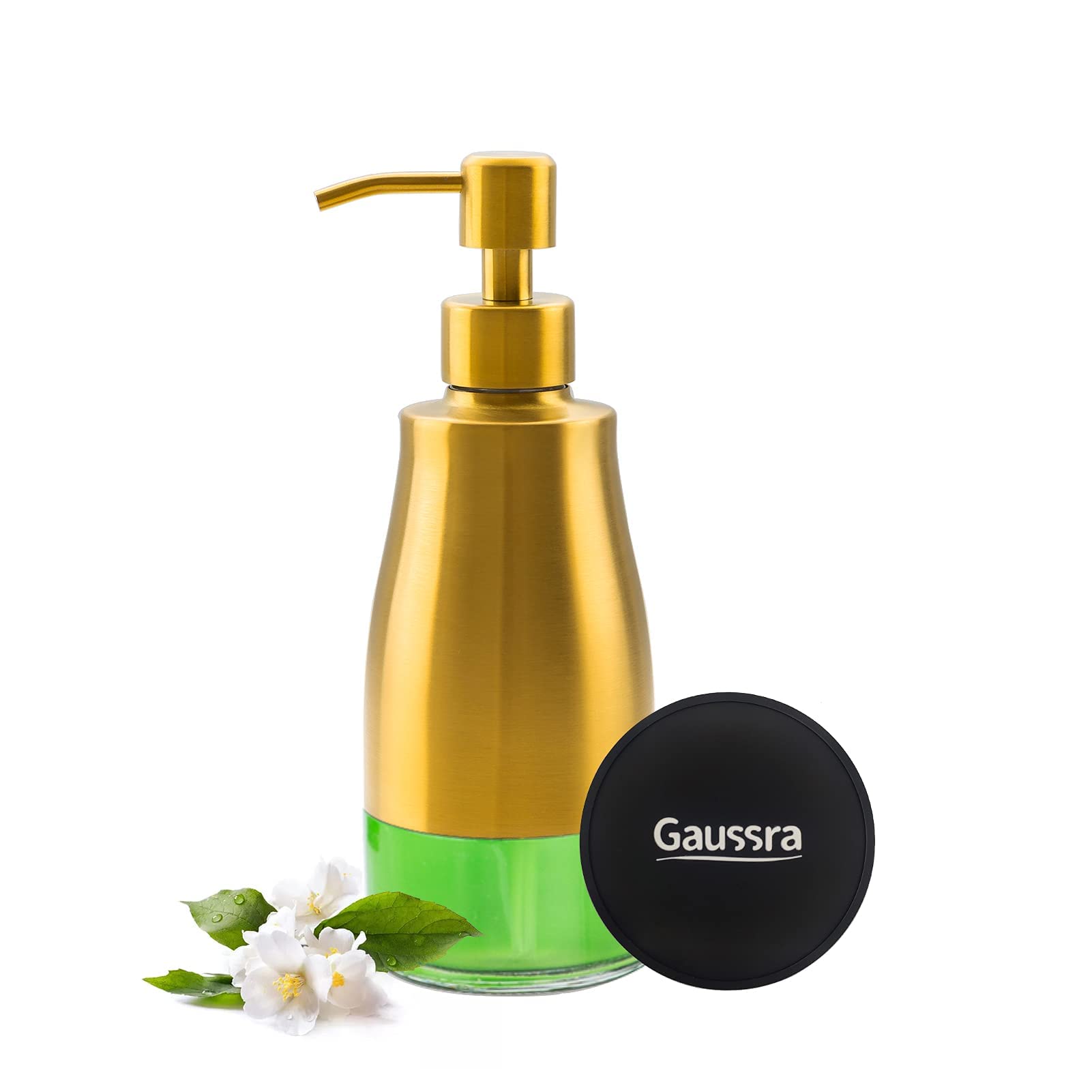 Gaussra Soap Dispenser with Non-Slip Coaster, Brushed Gold Stainless Steel Glass Hand Pump Dispenser, Anti Rust Lotion Bottle, f