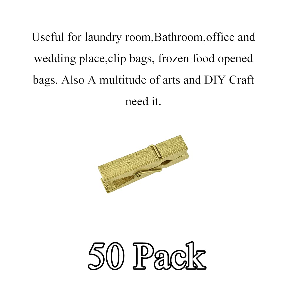 HAHIYO Gold Wooden Clothes Pins Clothespins Small Do NOT Fall Apart 1.38 inches Length 50 Pack Sturdy Strong Springs No Rust No Discoloration for Laundry Bathroom DIY Craft Photos Food Opened Bags