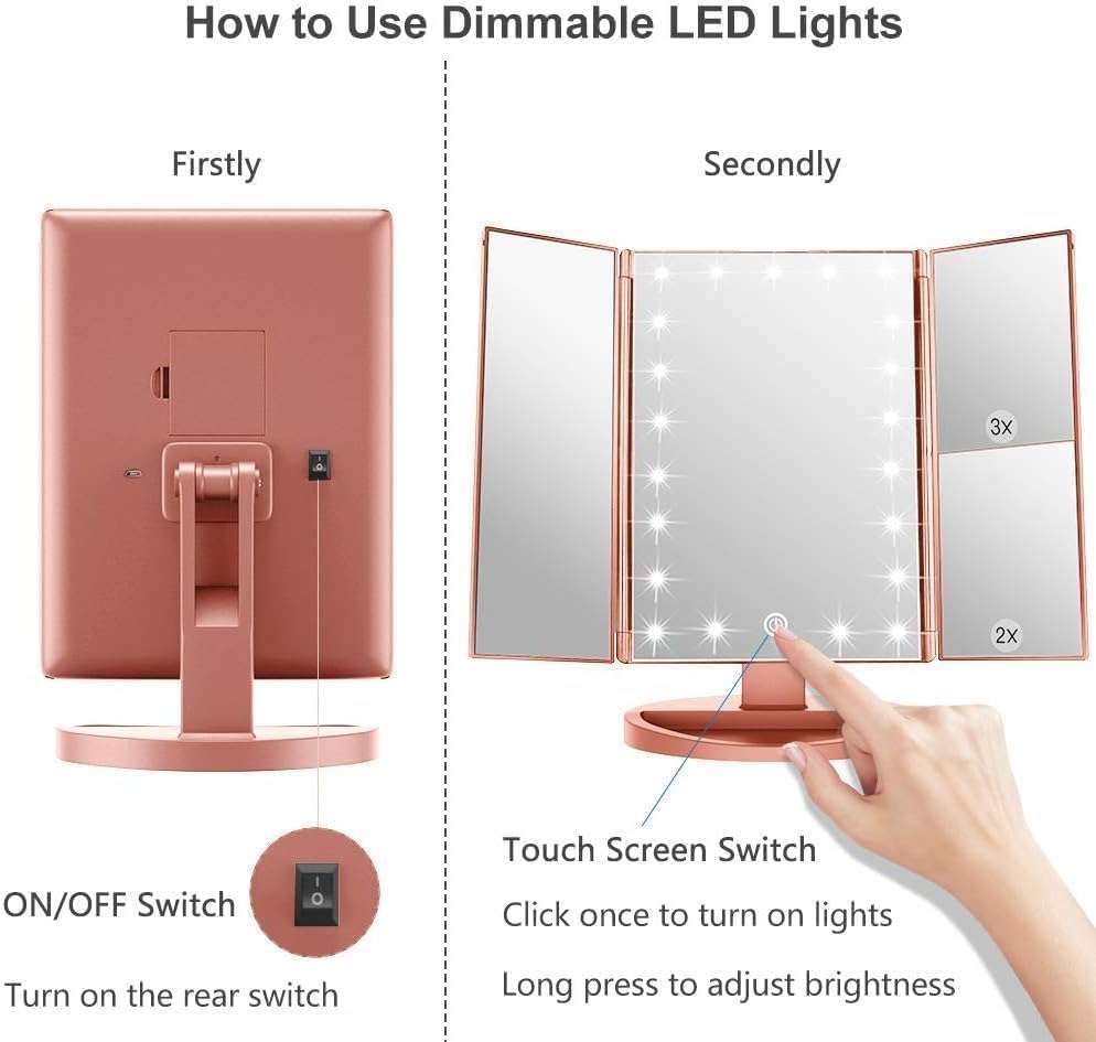 Weily Makeup Mirror With 21 Led Lights,Two Power Supply Modes, Adjustable Touch Screen And 1X/2X/3X Magnification Tri-Fold Vanit
