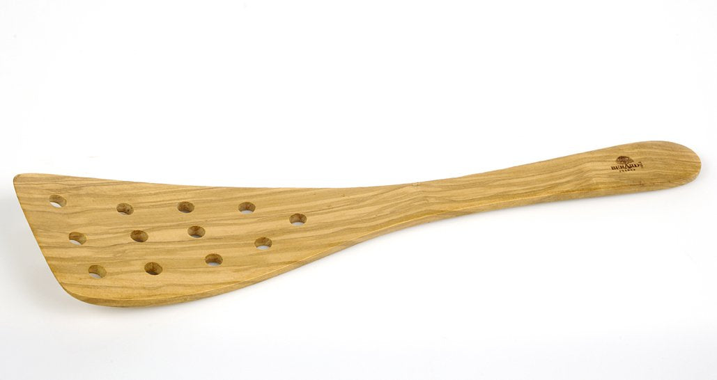 Berard 66476 French Olive-Wood Handcrafted Curved Spatula With Holes, Natural, Little