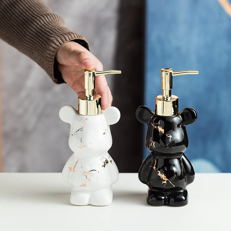 Small Bathroom Soap Dispenser With Pump, Cute Bear-Shaped Design, Ceramic Liquid Soap Dispenser (Marble Black)