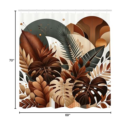 Ambesonne Brown Shower Curtain, Earthy Jungle Exotic Leaves On Mid Century Modern Circles Vintage Botany, Cloth Fabric Bathroom