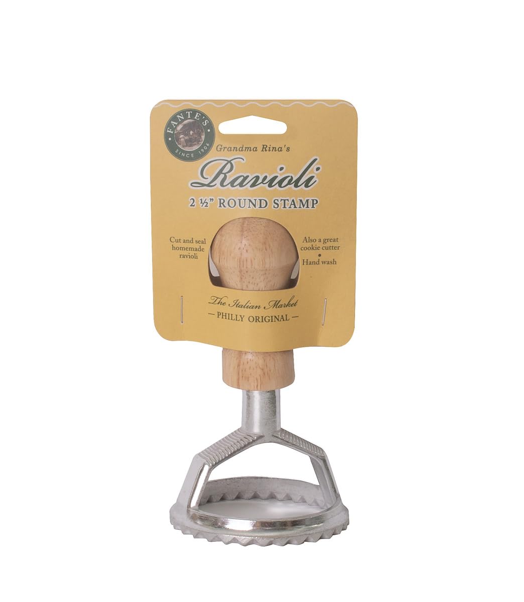 Fantes Ravioli Maker Stamp Set, Round Stamp With Wooden Handle And Fluted Edge, 2.5-Inch, The Italian Market Original Since 1906