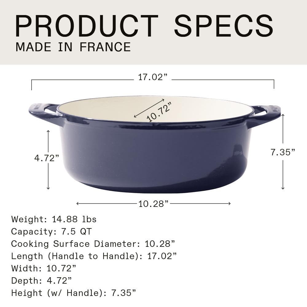 Made In Cookware - Oval Dutch Oven 7.5 Quart - Blue - Enameled Cast Iron - Exceptional Heat Retention & Durability - Professional Cookware - Crafted In France - Induction Compatible