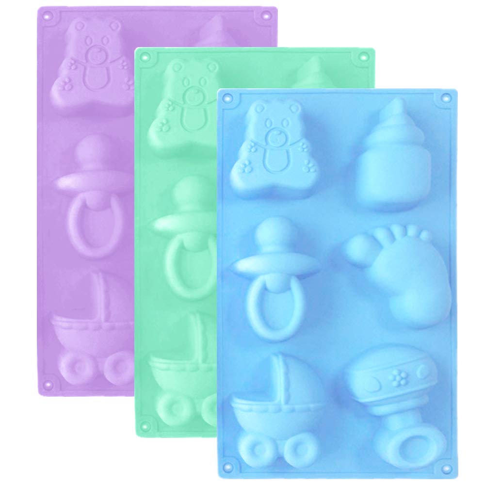 3 Pack Baby Shower Party Silicone Mold,Danzix Baby Carriage Feeding Bottle Little Feet Bear Pacifier Silicone Fondant Mold For S