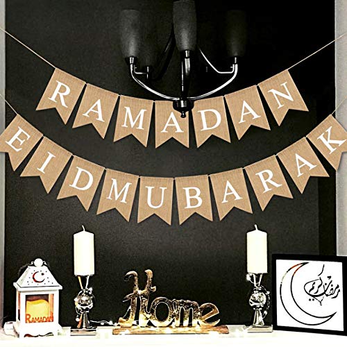Swyoun Burlap Ramadan Eid Mubarak Banner Supplies Muslim Fireplace Mantel Decoration
