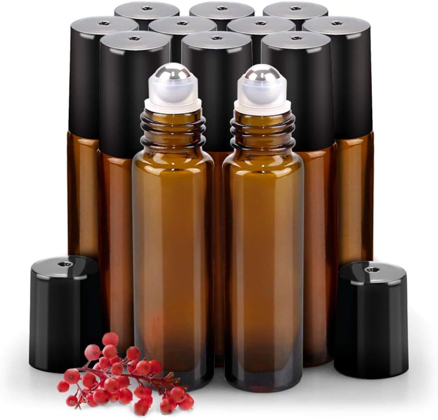 sungwoo 12 Pack Essential Oil Roller Bottles Stainless Steel  10ml Amber Glass Roller Bottles with Caps for Travel  Perfume and Lip Gloss