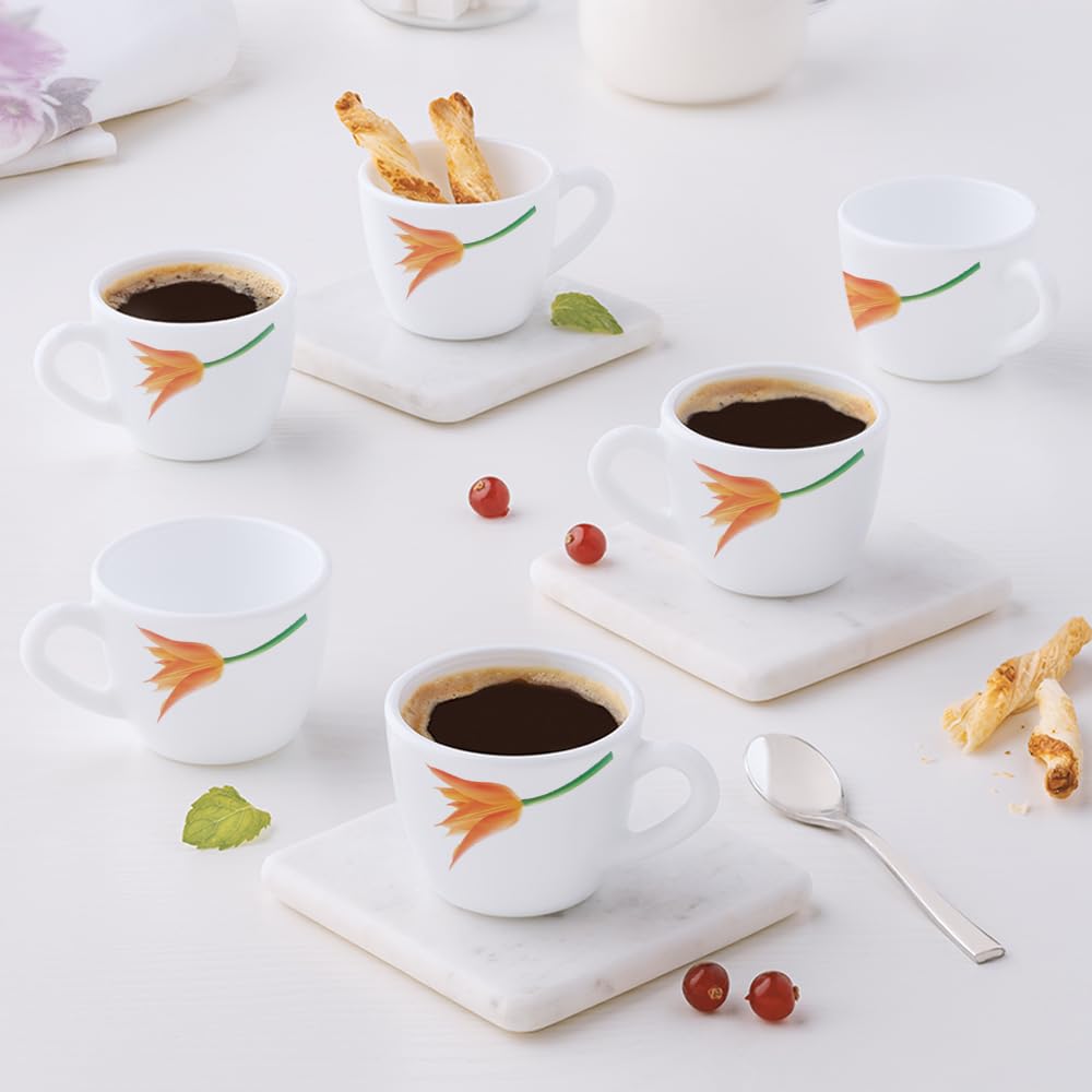Larah By Borosil Firefly Opalware Cup Set Of 6 Pcs | Tea/Coffee Cups 90 Ml | Microwave & Dishwasher Safe | Bone-Ash Free | Crock