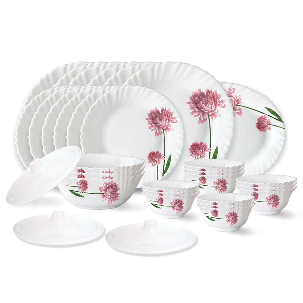 Larah By Borosil Nargis Fluted Series Opalware Dinner Set | 33 Pieces For Family Of 6 | Microwave & Dishwasher Safe | BoneAsh F
