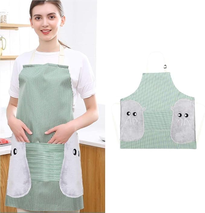 Clovis Waterproof & Adjustable Durable Stripe Chef Bib Apron With Convenient Pocket And 2 Side Coral Velvet Towels Stitched, For