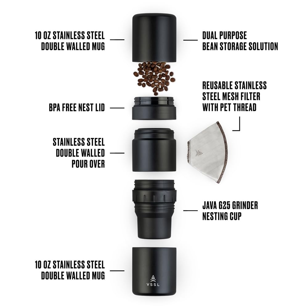 Vssl Nest Pour Over Coffee Kit, Transportable And Compact Pour Over Kit With Two 10 Oz Double Walled Mugs
