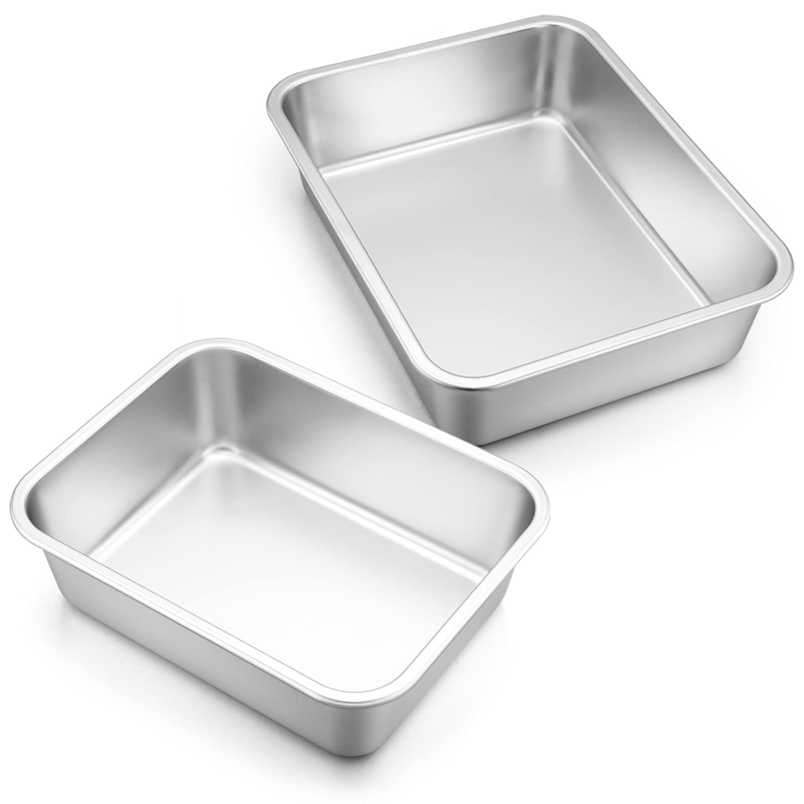 Deep Lasagna Pan Set Of 2, E-Far Stainless Steel Rectangular Roasting Baking Pans, 12.75 X 10 & 10.6X8.3 Inches Roaster Baking D