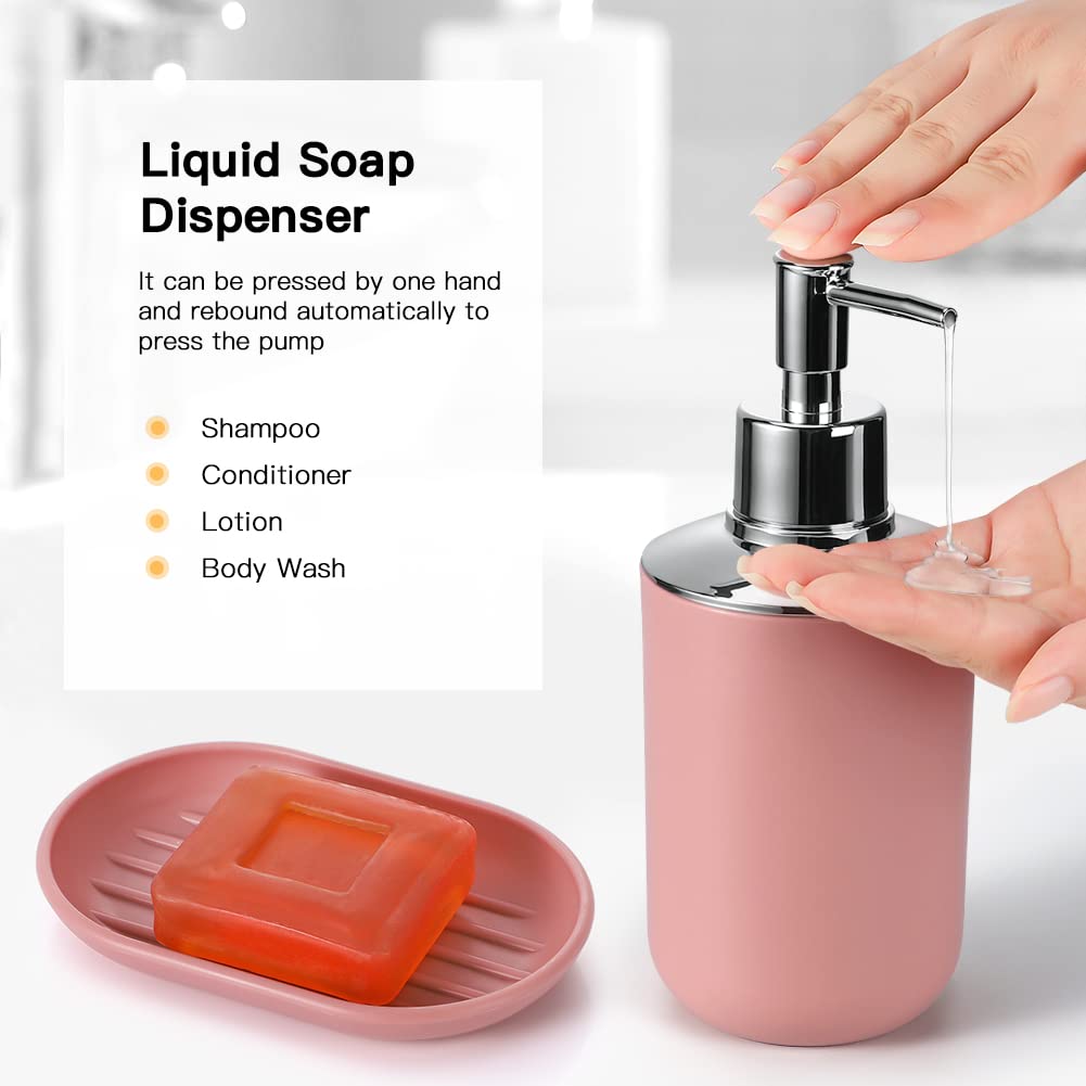 Otostar Plastic Bathroom Accessories Set Decor Countertop Gift Set Bathroom Accessory Set Includes Toothbrush Holder Soap Dispenser Tumbler Soap Dish Toilet Brush Holder Trash Can Qtip Holder (Pink)