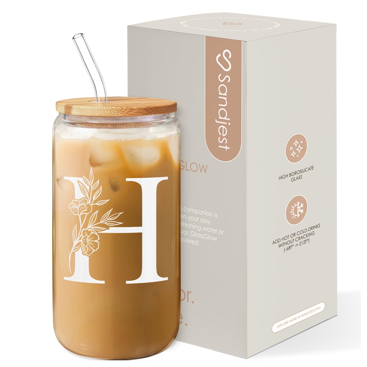SANDJEST Monogrammed Gifts for Women - Monogram H Initial Glass Cup 16 Oz Can Coffee Cups with Lid and Straw - Monogram Initials