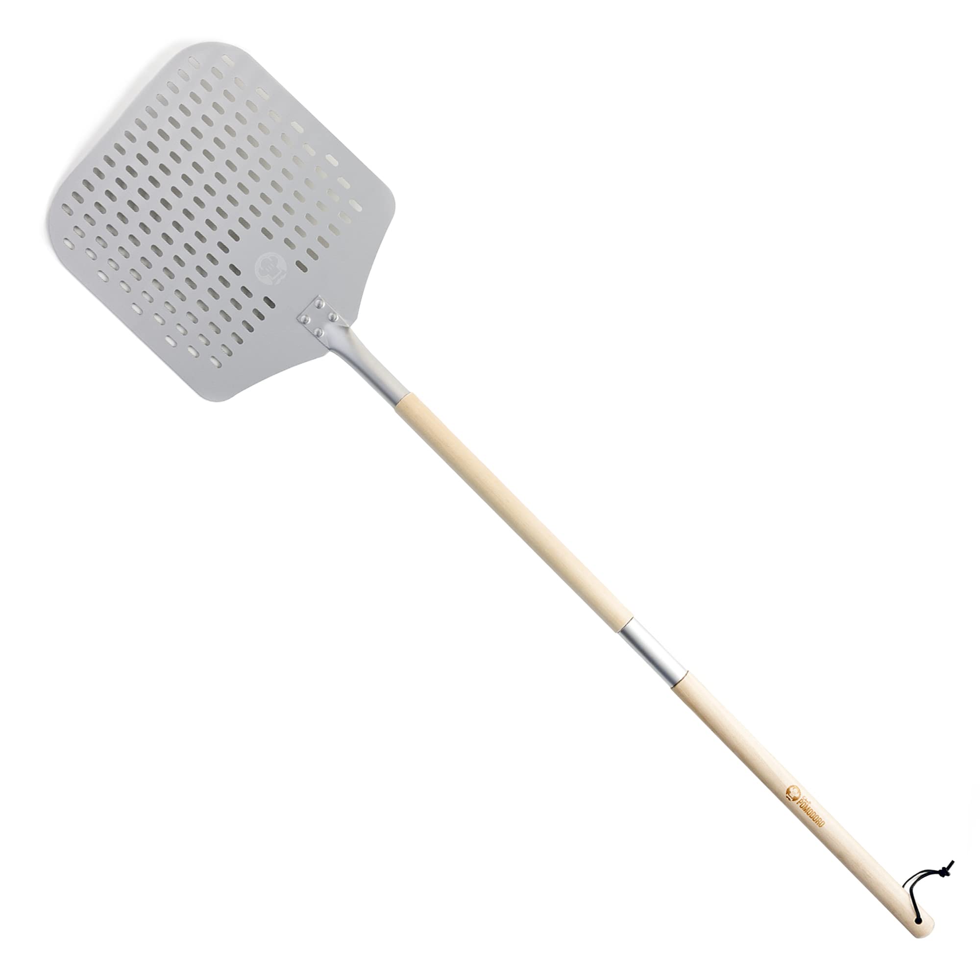 chef Pomodoro Perforated Aluminum Long Extendable Pizza Peel  12 x 14-Inch  with Detachable Wood 49-Inch Handle for Easy Storage  gourmet Luxury Pizza Paddle for Baking Homemade Pizza Bread