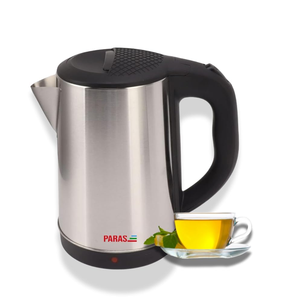 Paras 1.8L Electric Kettle (2000W) | Cylindrical Stainless Steel Body, Cordless Base, Wide Mouth, Auto Cut-Off & 360 Detachable 