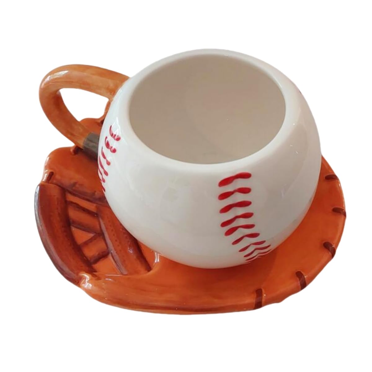 FORLONG Ceramic Large Coffee Mug and Saucer set, 3D Handmade and Handpainted Baseball and Gloves Design Tea Mug, 12oz