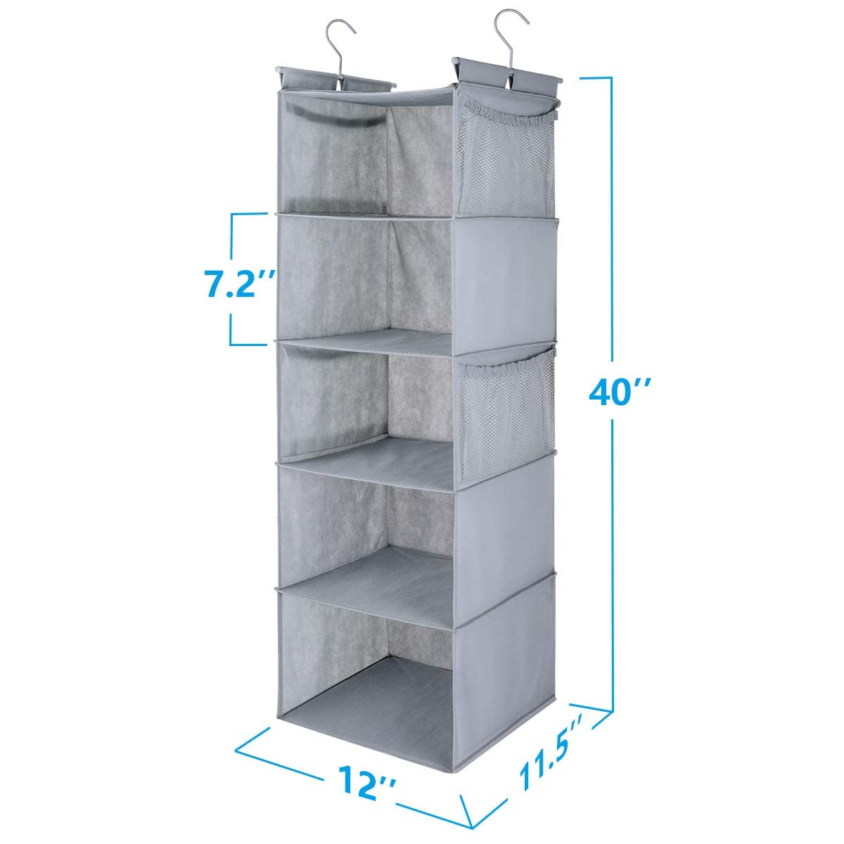 Max Houser 5 Shelf Hanging Closet Organizer,Space Saver, Closet Hanging Shelves With (4) Side Pockets,Foldable,Light Grey