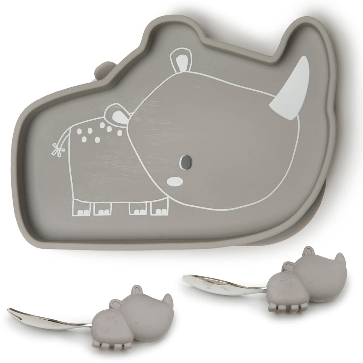 Loulou Lollipop Toddler Silicone Suction Snack Plate, Learning Fork and Spoon Set (Rhino)