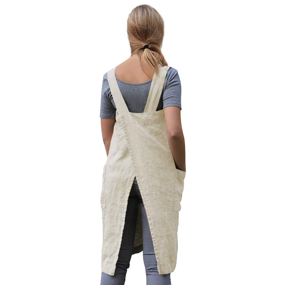Women 'S Pinafore Square Apron Baking Cooking Gardening Works Cross Back Cotton/Linen Blend Dress With 2 Pockets Apricot-2Xl