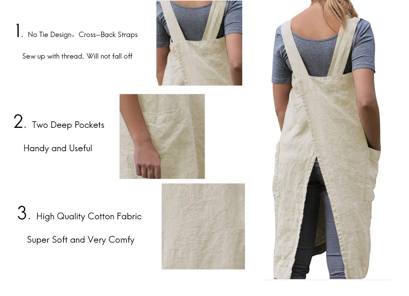 Women 'S Pinafore Square Apron Baking Cooking Gardening Works Cross Back Cotton/Linen Blend Dress With 2 Pockets Apricot-S