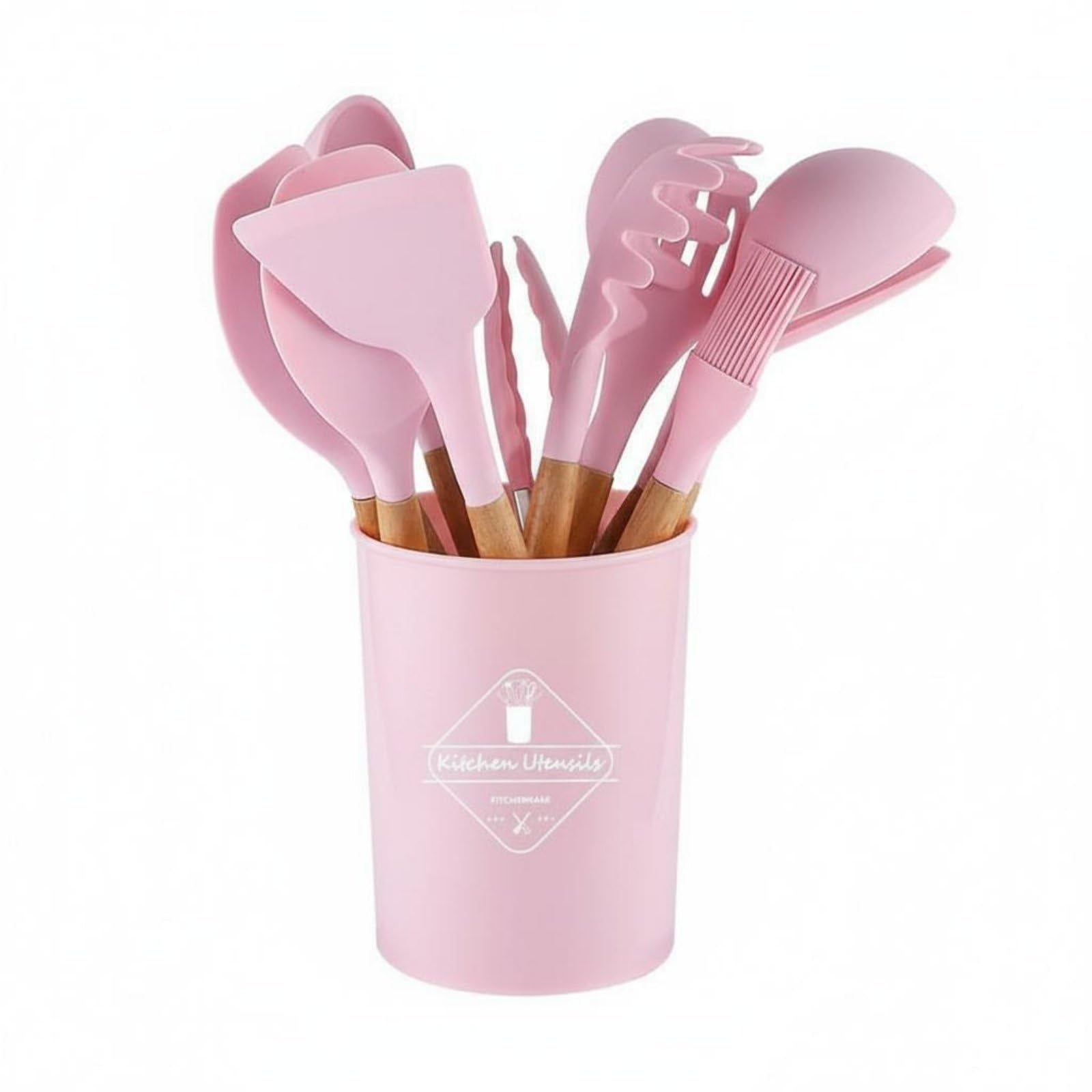 Merishopp 12 Pieces Silicone Utensil Set With Holder HeatResistant Resistant Silicone Kitchen Utensil Set Wooden Handle Kitchen