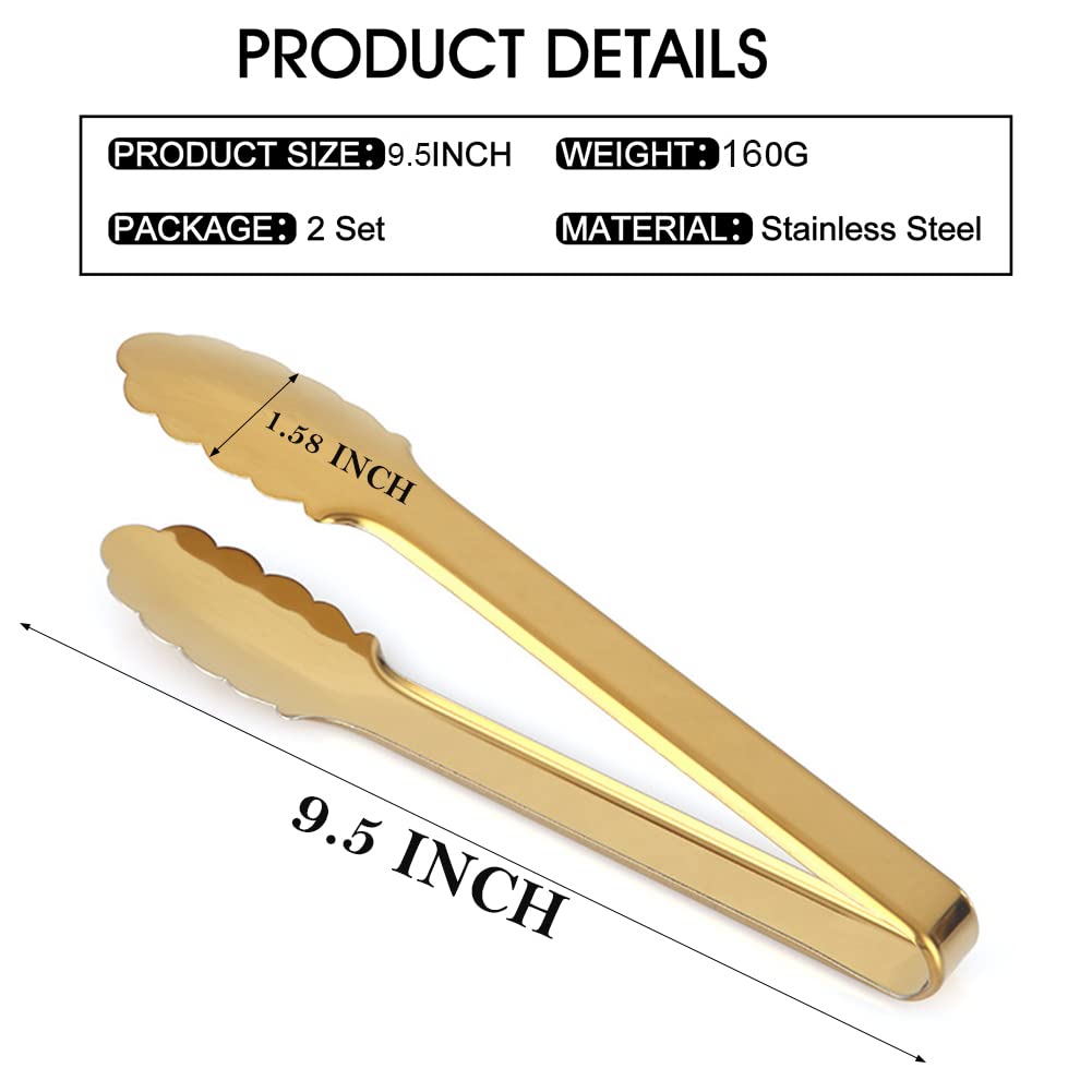 Iaxsee 2 Pack 9 Inch Gold Serving Tongs Gold Serving Utensils Salad Tongs Buffet Tongs Non-Slip & Easy Grip Stainless Steel Gold