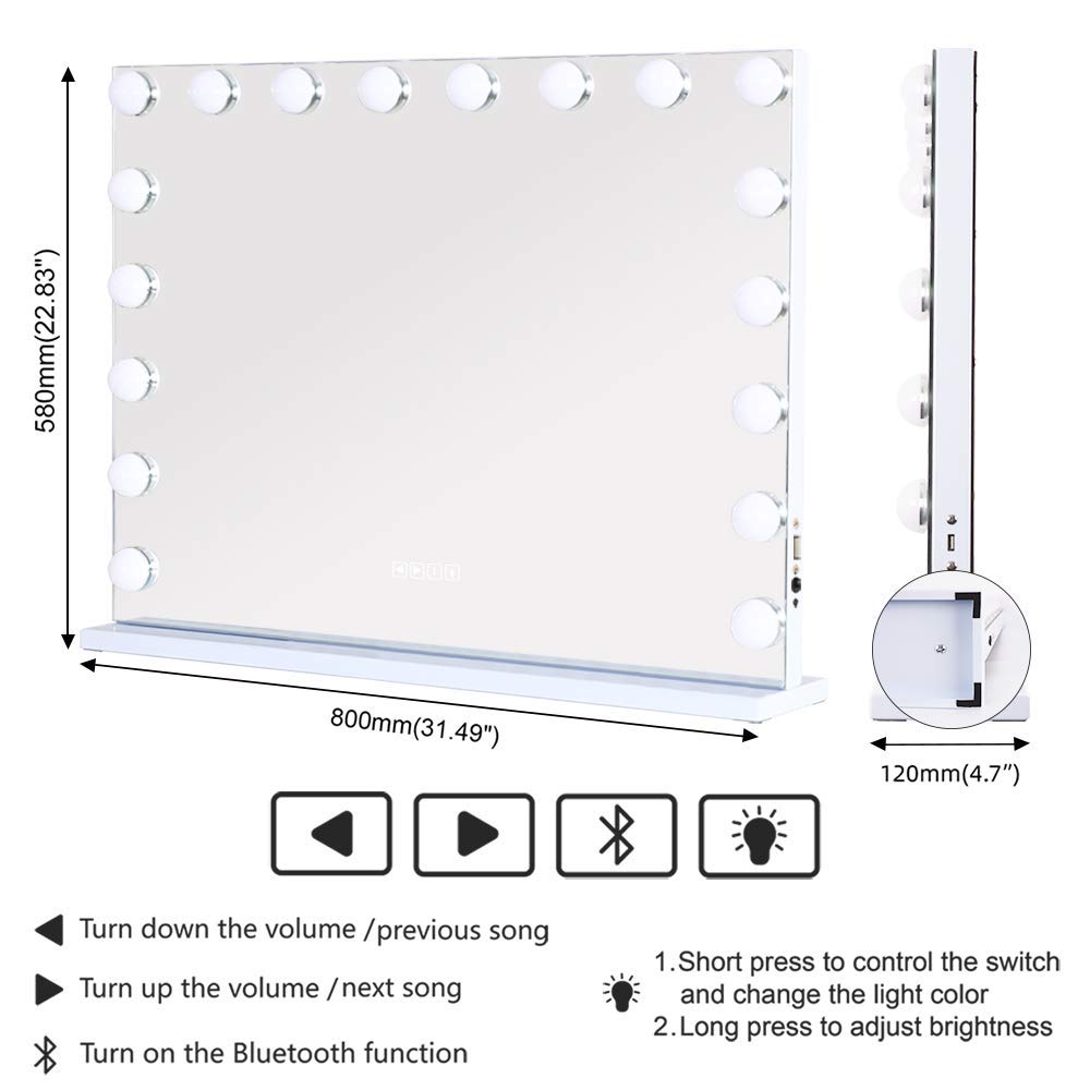 Bobening Vanity Mirror for Makeup Bluetooth  Extra Large Hollywood Lighted Mirror with 18 Dimming LED Bulbs Smart  Tabletop/Hanging Cosmetic Mirror with Touch Screen & USB Charging Port & Speaker