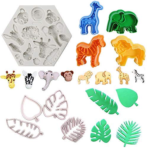 9Pcs/Set Jungle Safari Animal Cake Fondant Mold With Tropical Leaf Cookie Cutter, Hawaiian Palm Leaves Sugar Craft Cutters For J